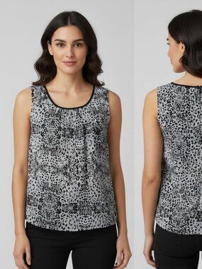 Chaus New York Women's Sleeveless Round Collar Top Black Gray Animal Print M